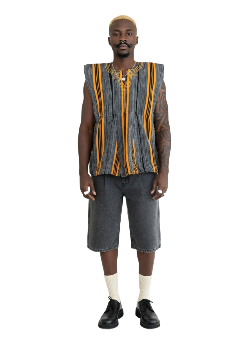 Grey, Gold & Black Stripe Handwoven Batakari Fugu