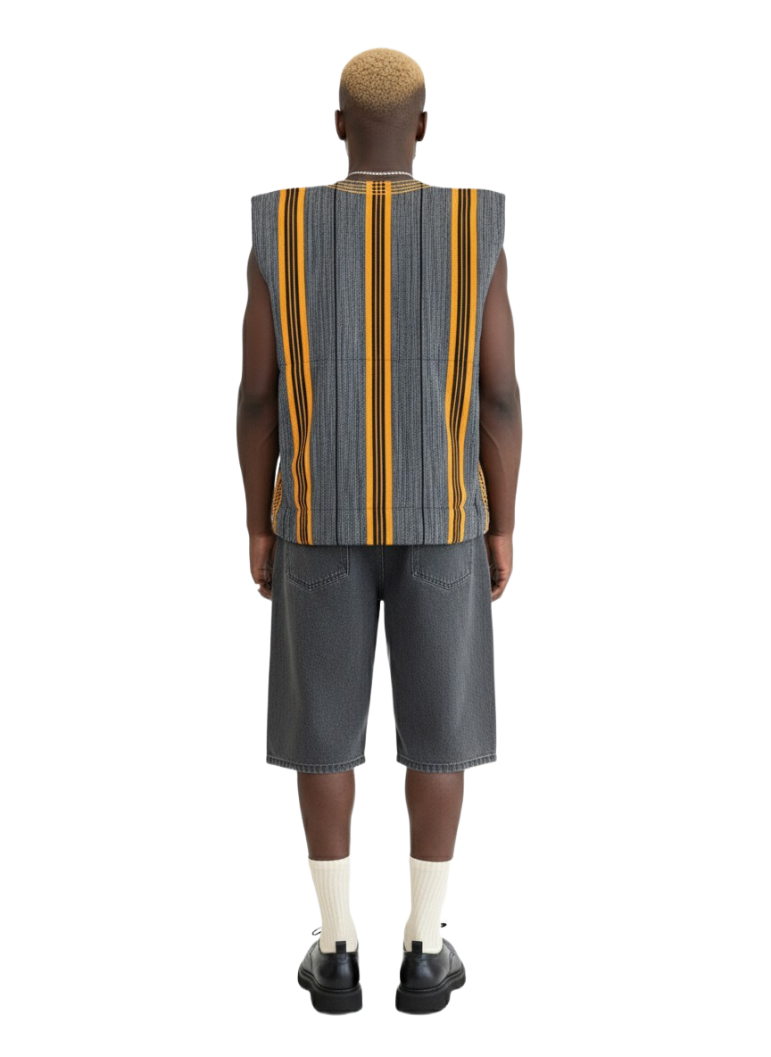 Grey, Gold & Black Stripe Handwoven Batakari Fugu