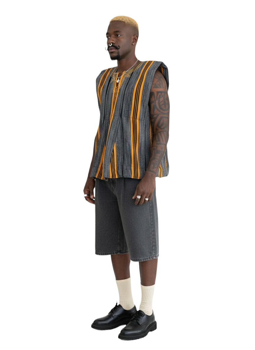 Grey, Gold & Black Stripe Handwoven Batakari Fugu