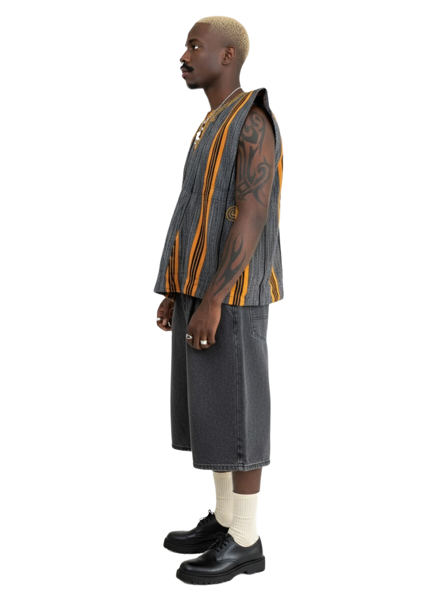 Grey, Gold & Black Stripe Handwoven Batakari Fugu