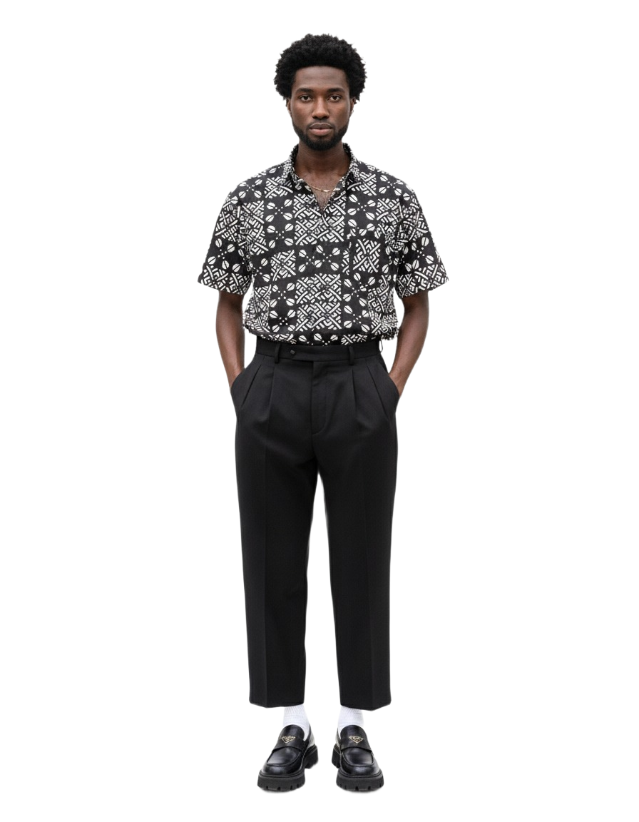 Asase Black & White Ankara Design Wax Short Sleeve Shirt