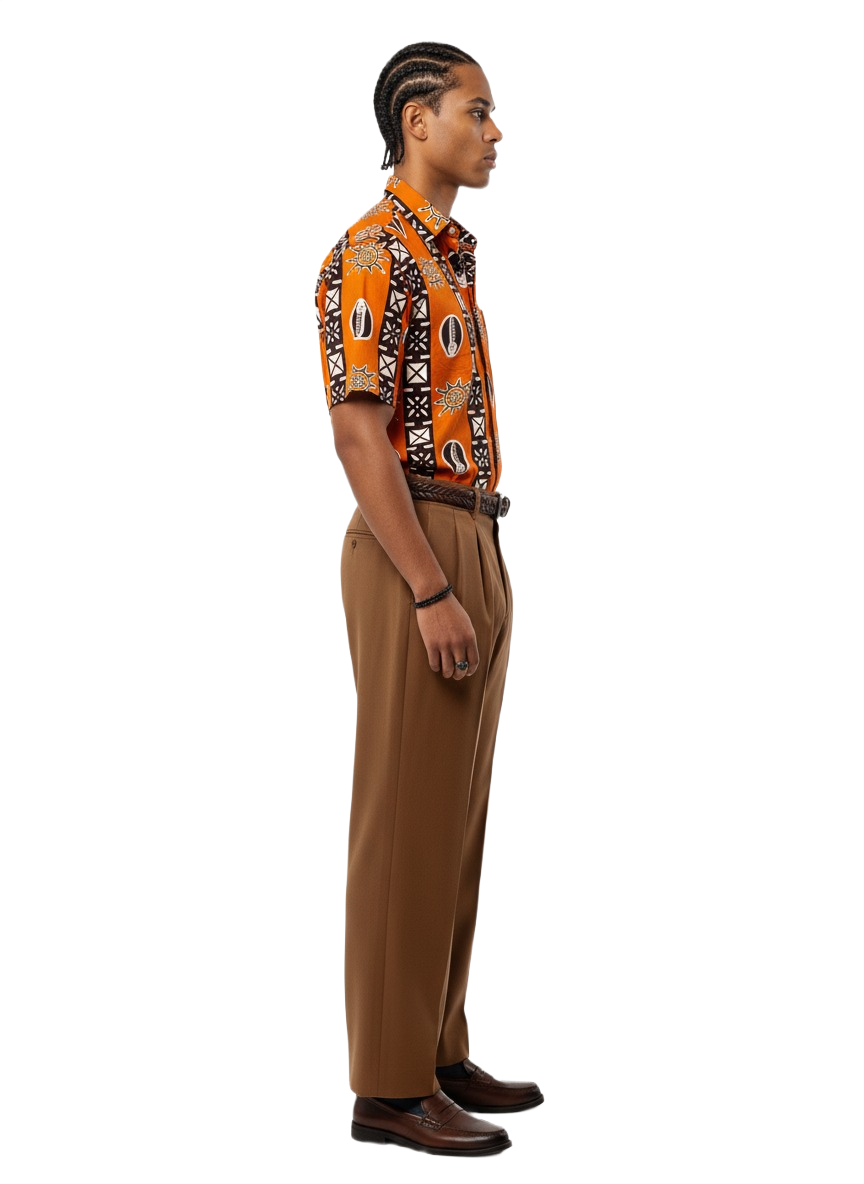 Cocoa Earth Brown & Burnt Orange Symmetrical Print Short Sleeve Shirt