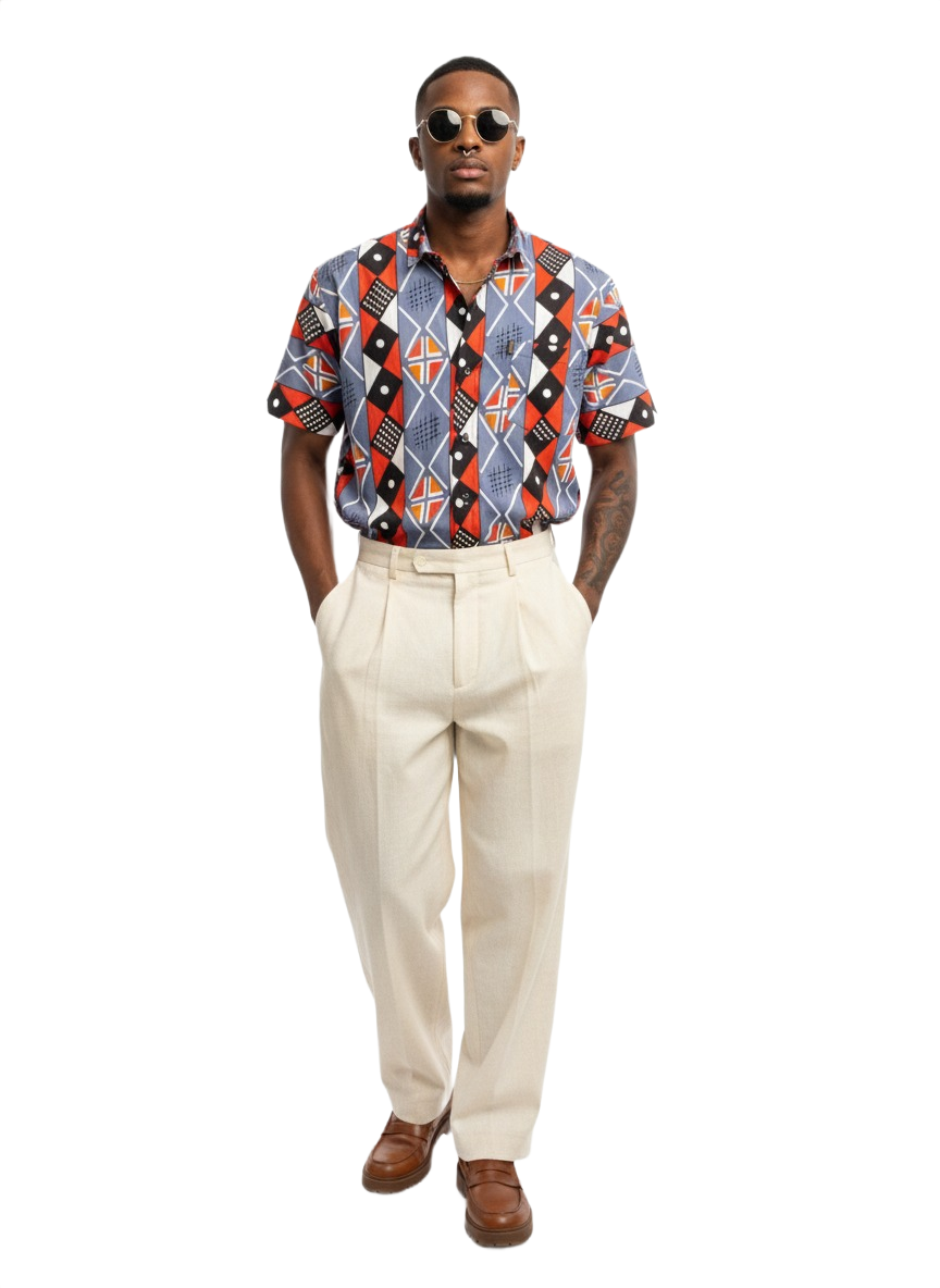 Blue & Red Norse Design Cotton Ankara Wax Print Short Sleeve Shirt