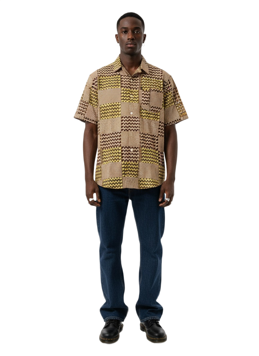 Tri Checked Sand, Ombre & Crimson Ankara Short Sleeve Shirt