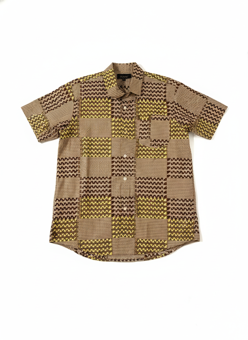 Tri Checked Sand, Ombre & Crimson Ankara Short Sleeve Shirt