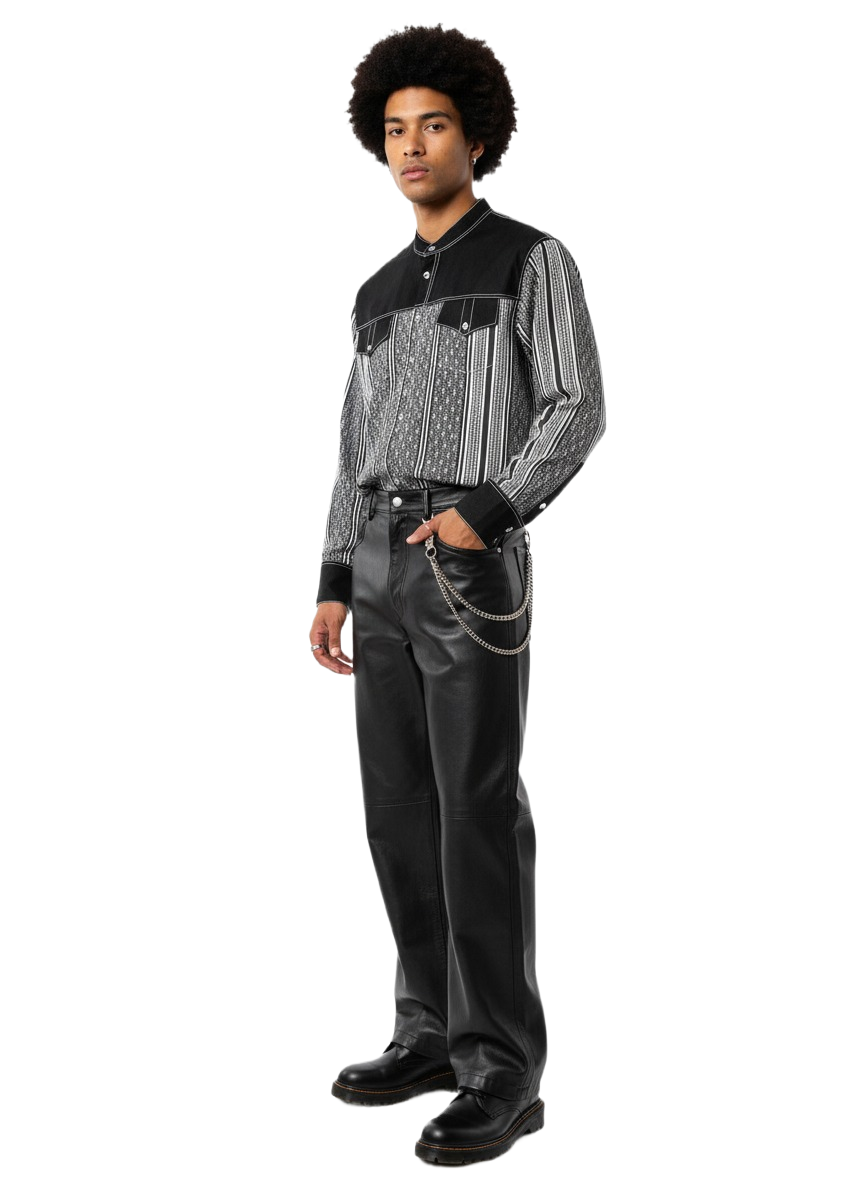 Chemise à manches longues Ankara tribal noir et blanc avec col et poignets arrondis