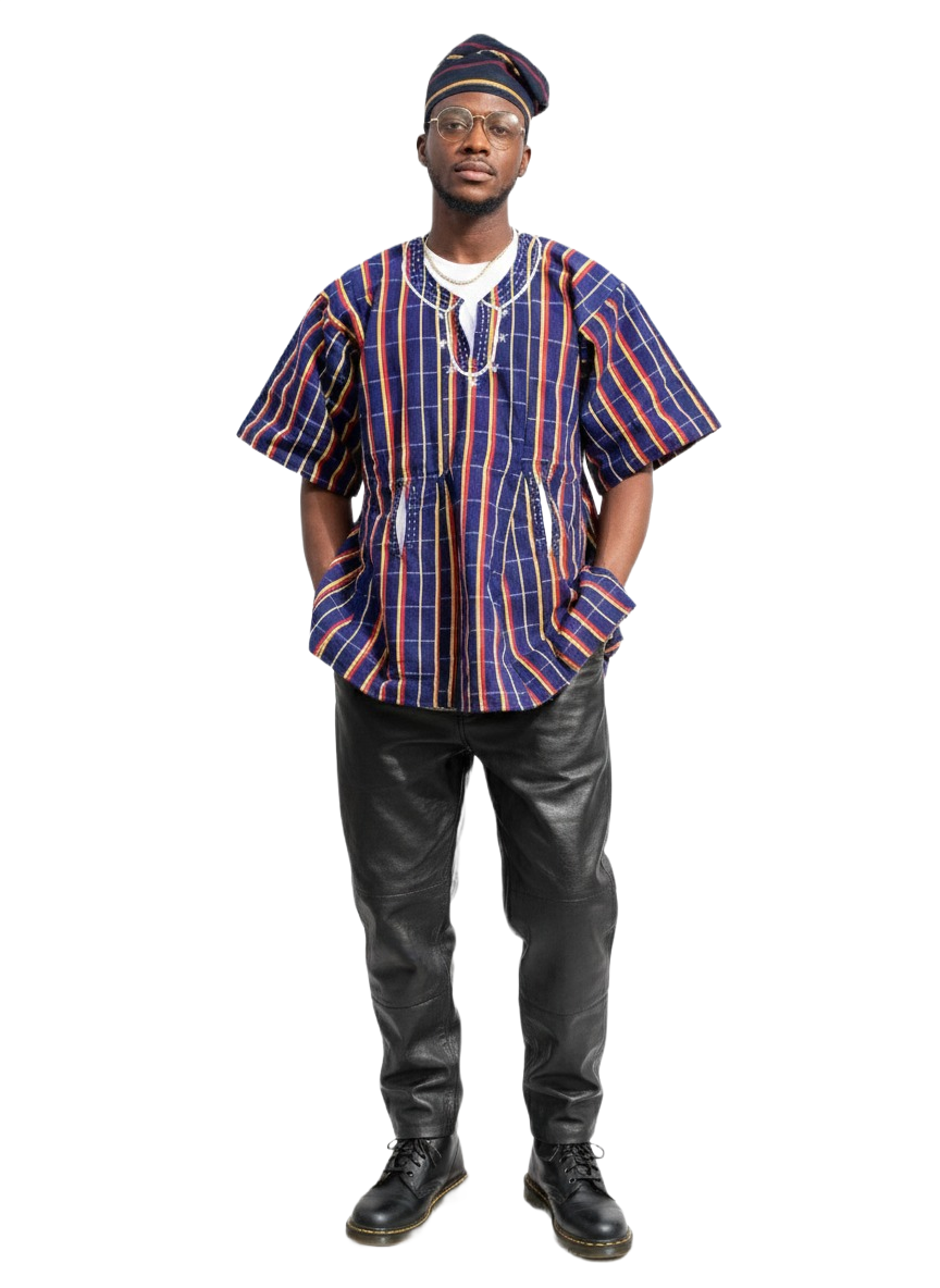 Blue, Red & Yellow Striped Handwoven Short Sleeve Batakari Fugu Smock + Hat