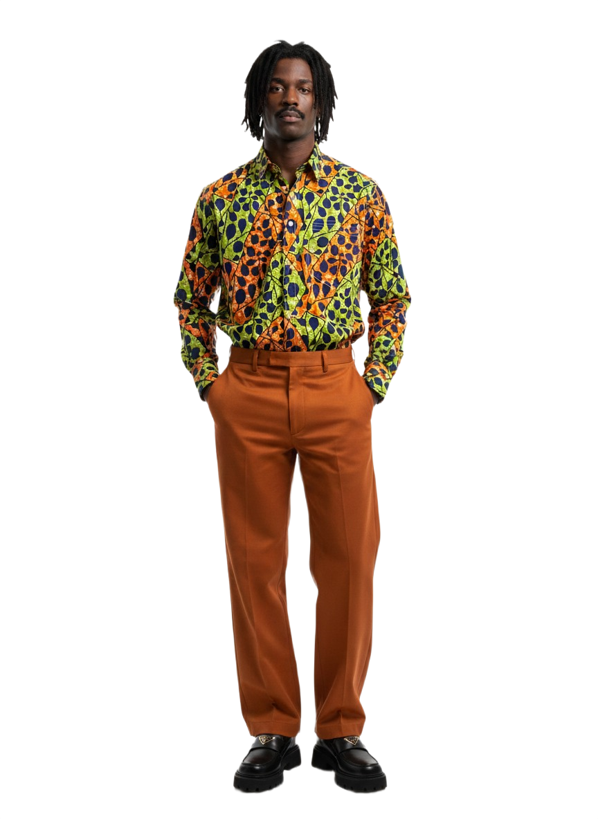 Spotted Orange & Lime Green Ankara Long Sleeve Shirt with White Stitching