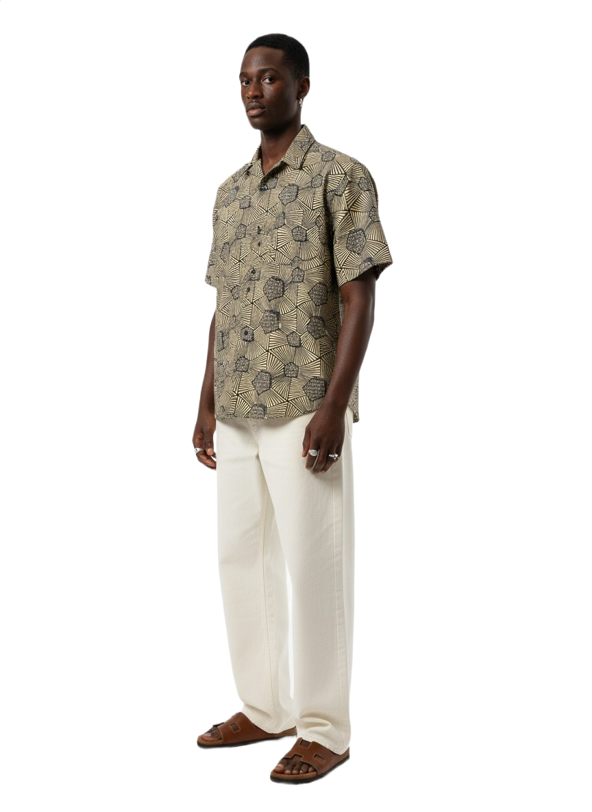 Pentagonal Stone Grey & Navy Ankara Print Short Sleeve Shirt