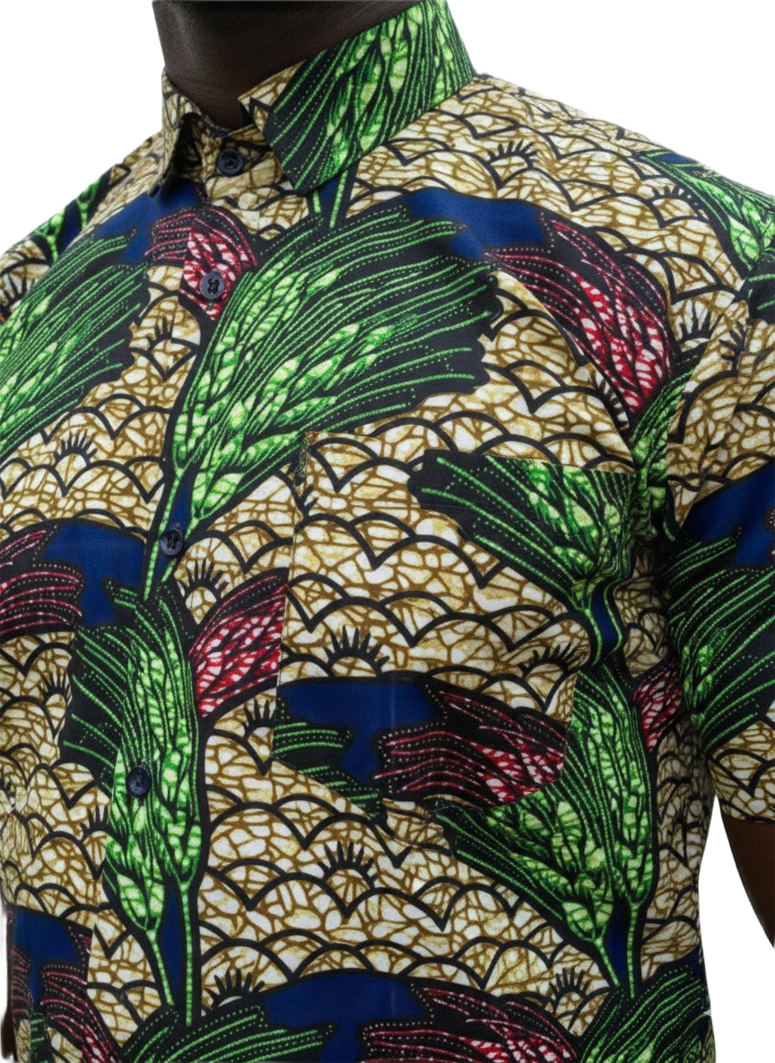 Leaf Green Design Ankara Wax Print Short Sleeve Shirt