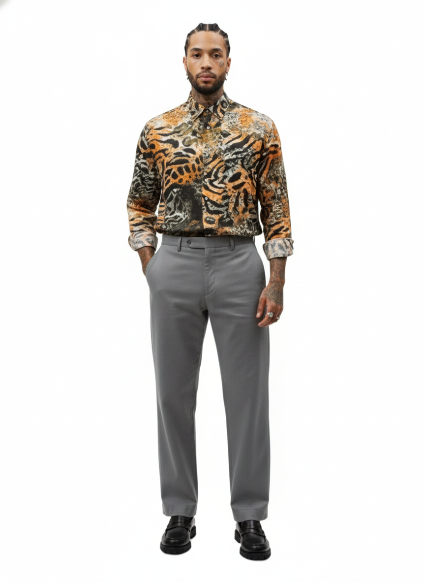 Fire Orange & Black Tiger Print Silk Long Sleeve Smart Shirt