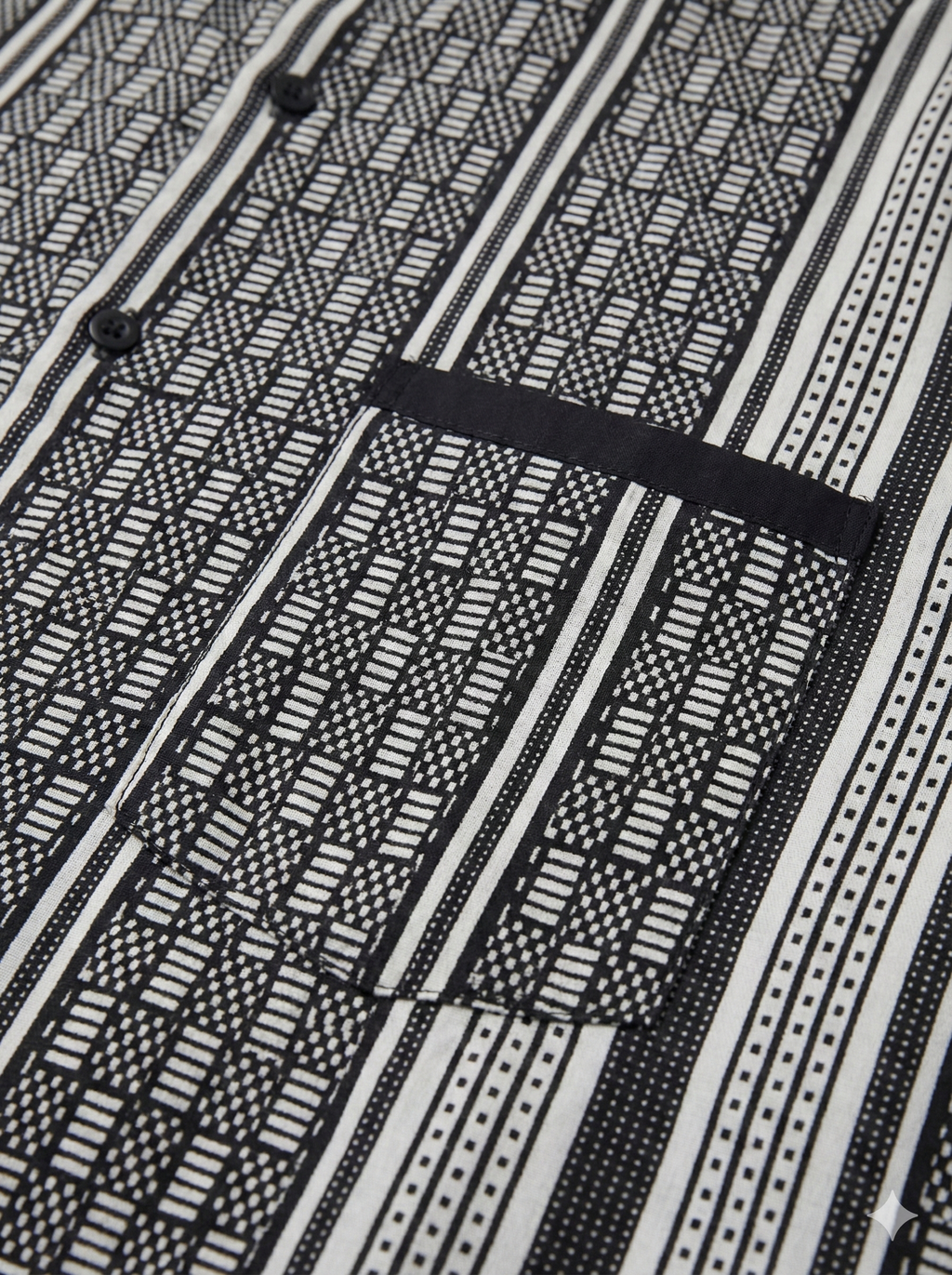 Mandarin Collar Lined Midnight Black & White Striped Short Sleeve Shirt