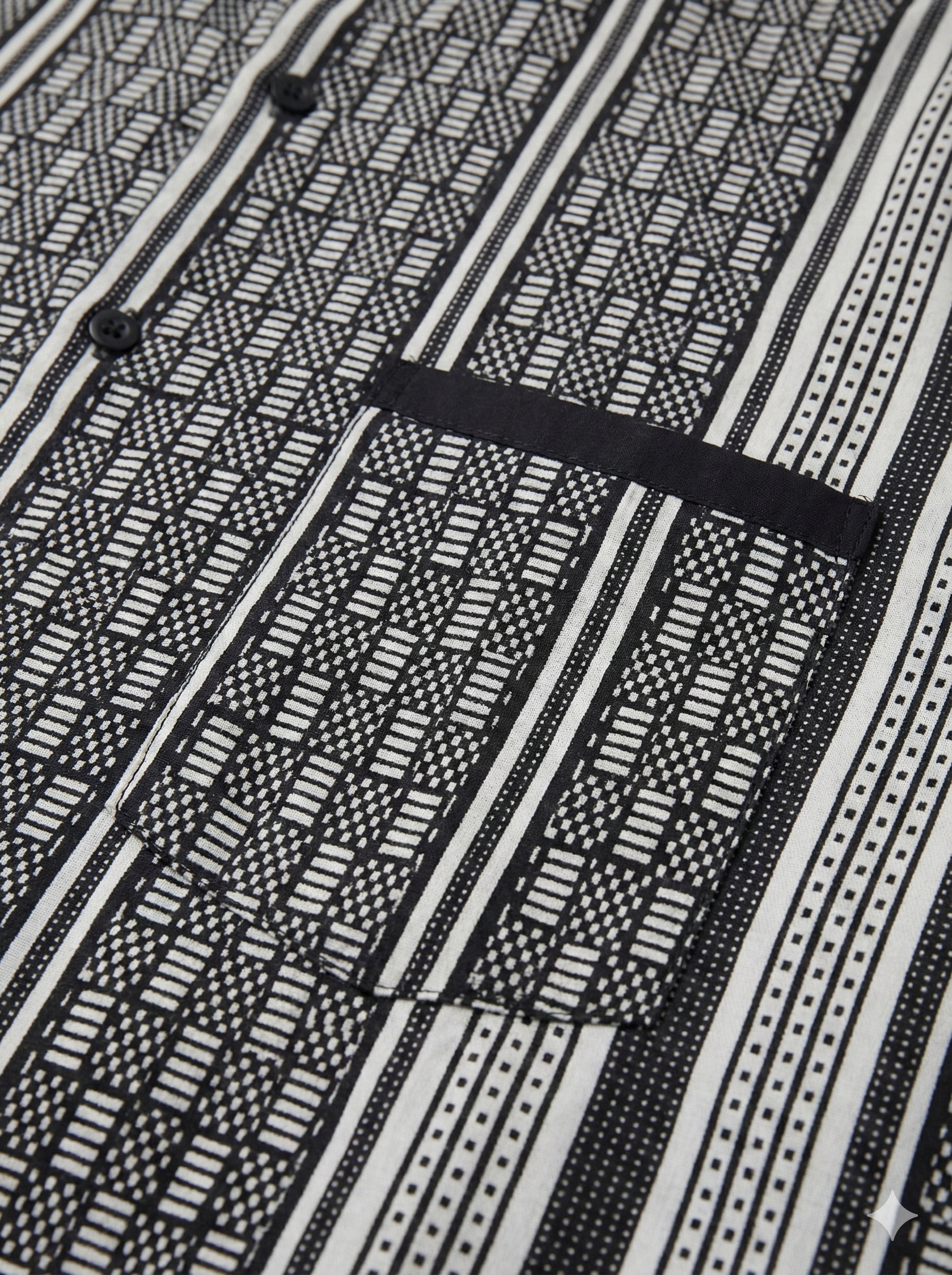 Mandarin Collar Lined Midnight Black & White Striped Short Sleeve Shirt