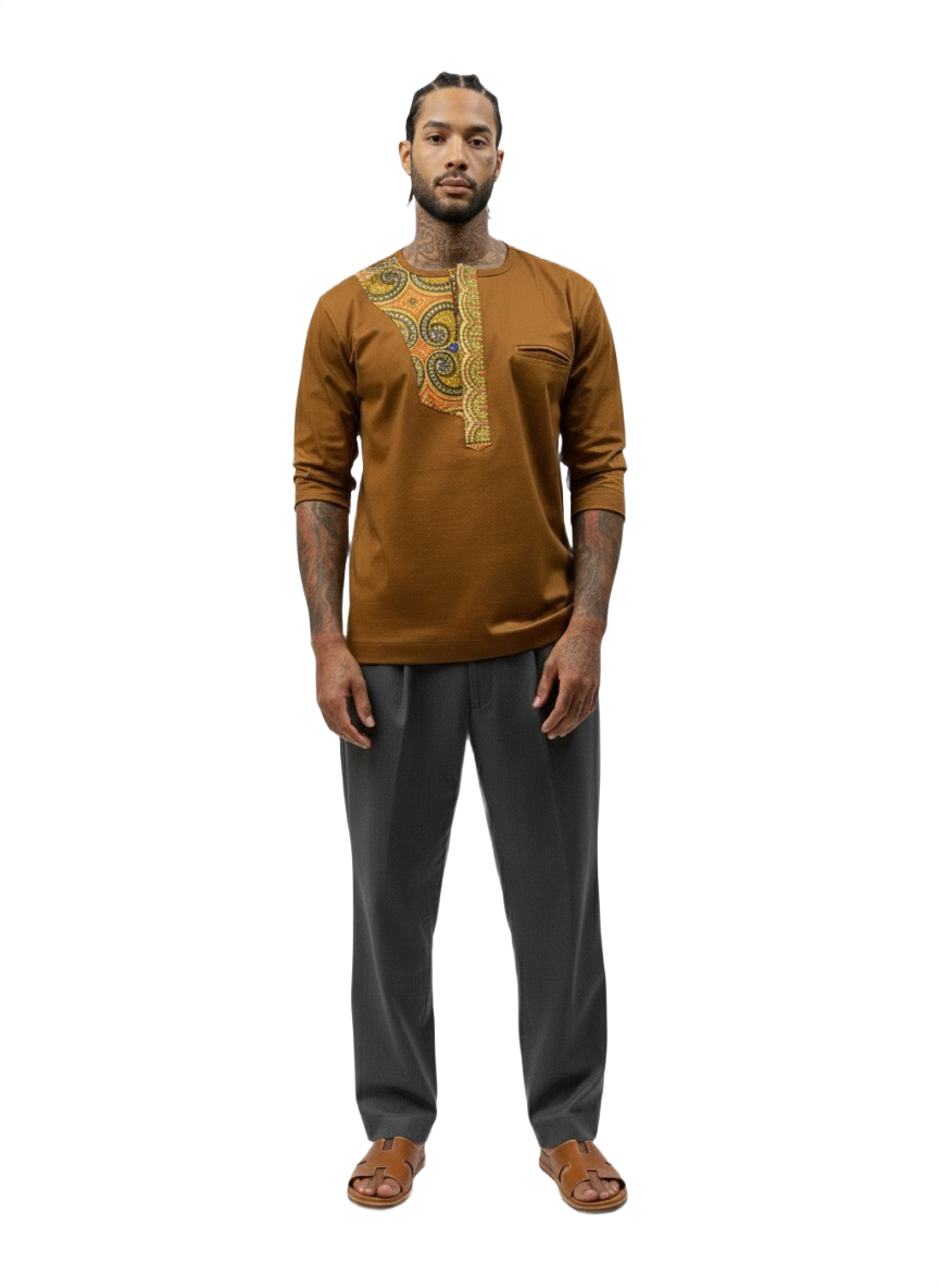 Caramel Osahene Regency Ankara Long-Sleeved Button Crew Neck Top