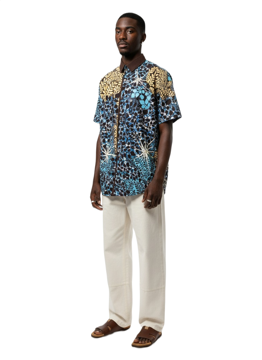 Botanical Wildroot Earth Brown Lined & Aqua Blue Ankara Print Short Sleeve Shirt