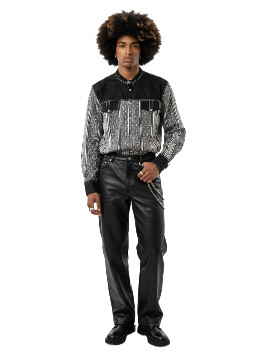 Mandarin Collar Black Panel & White Striped Ankara Shirt