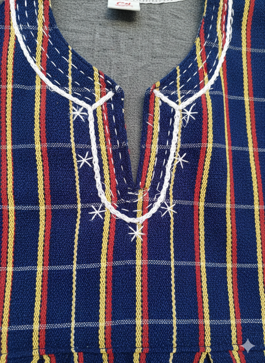 Blue, Red & Yellow Striped Handwoven Short Sleeve Batakari Fugu Smock + Hat