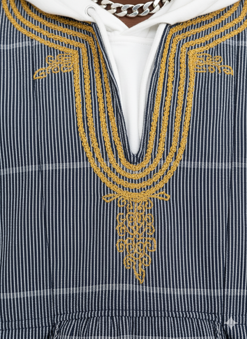 Navy Blue & White Pinstripe Handwoven Men's Batakari Fugu