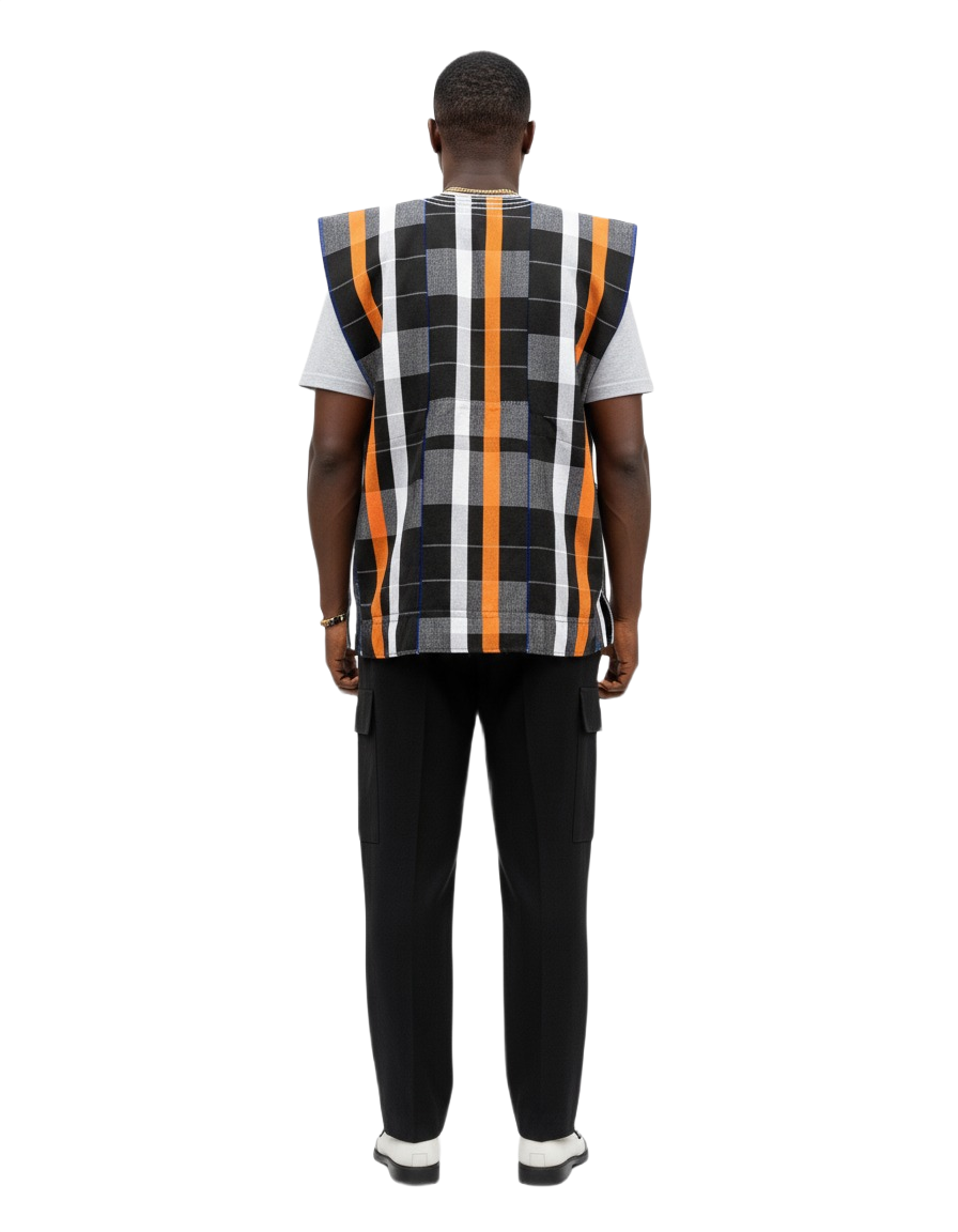 Handwoven Charcoal, White & Orange Striped Batakari Fugu