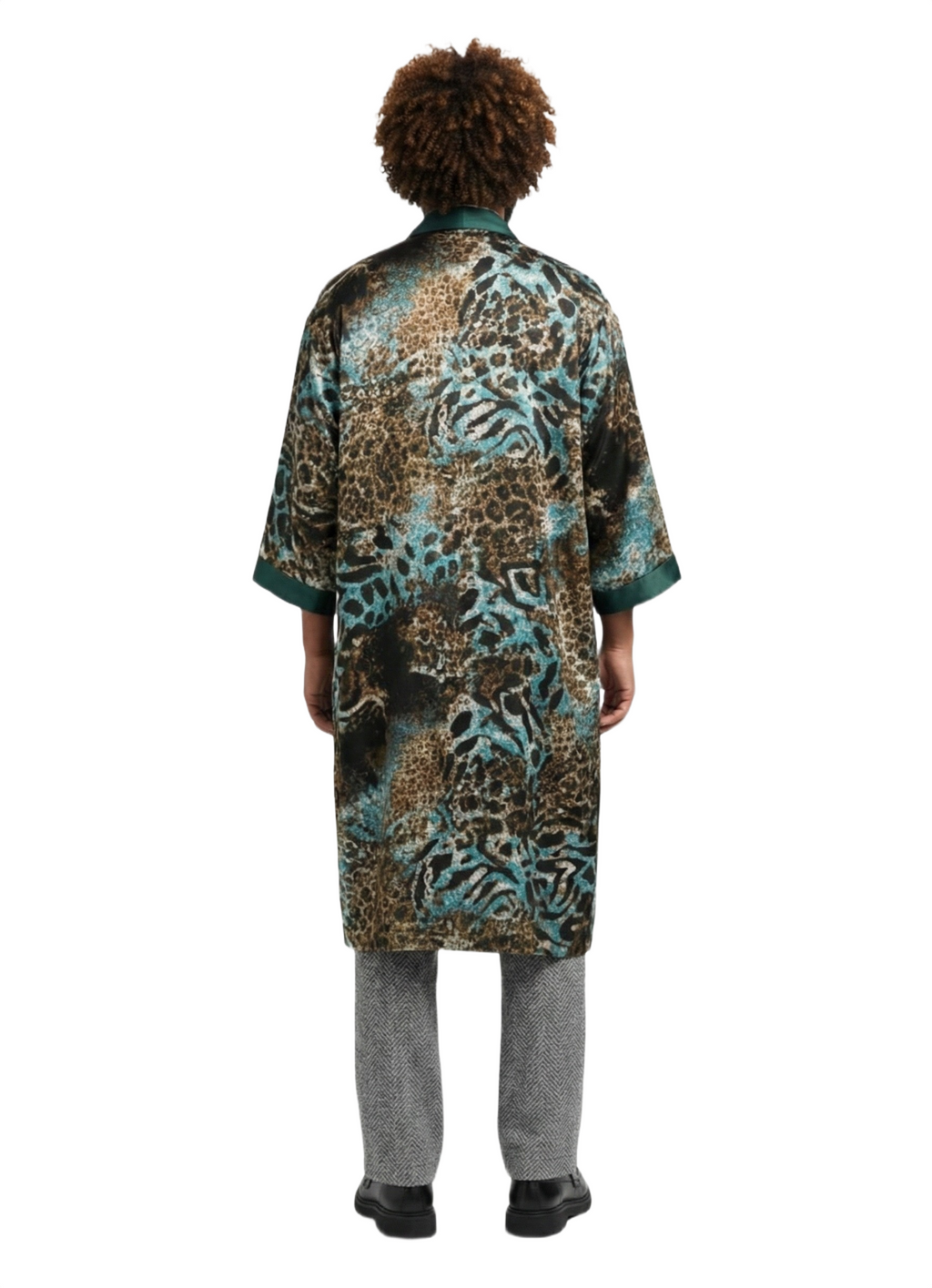 Ice Blue & Emerald Green Tiger Print Silk Kimono Jacket