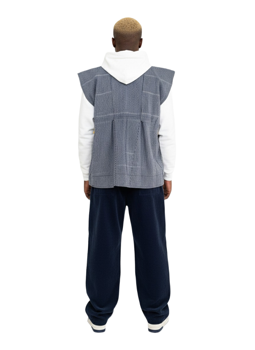 Navy Blue & White Pinstripe Handwoven Men's Batakari Fugu