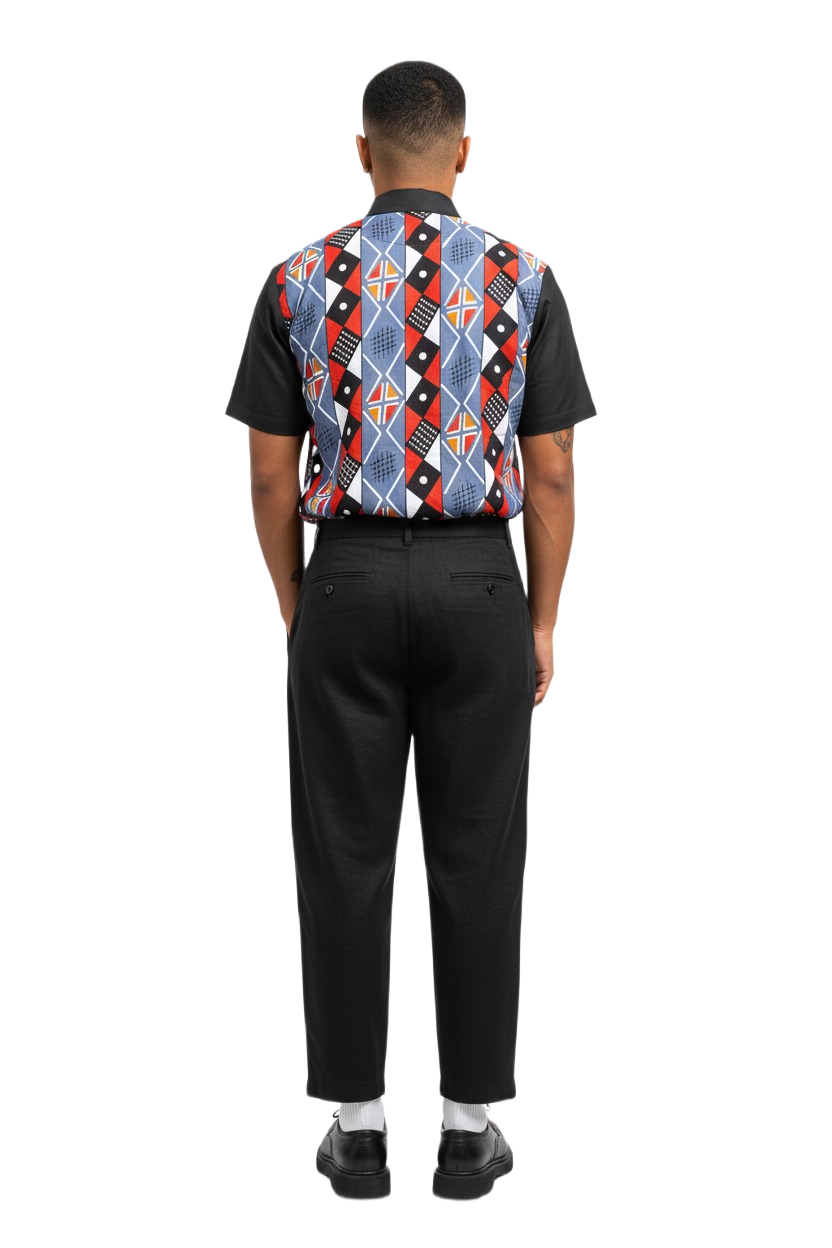 Blue & Red Norse Print with Black Combination Ankara Wax Short Shirt