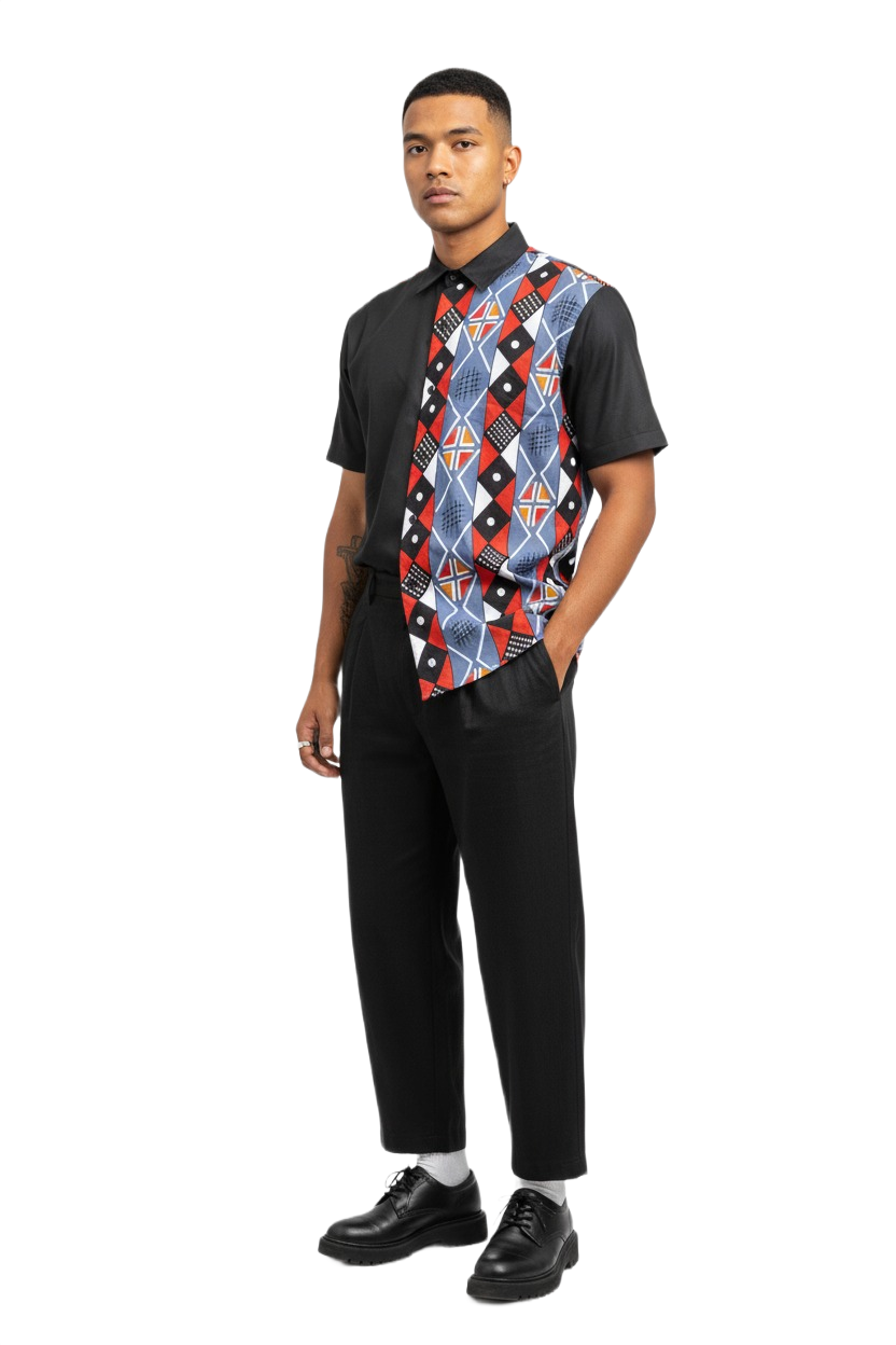 Blue & Red Norse Print with Black Combination Ankara Wax Short Shirt