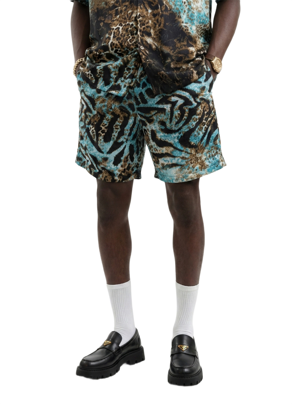 Ice Blue Tiger Print Silk Relaxed Shorts