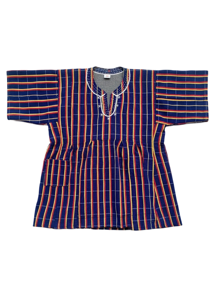 Blue, Red & Yellow Striped Handwoven Short Sleeve Batakari Fugu Smock + Hat