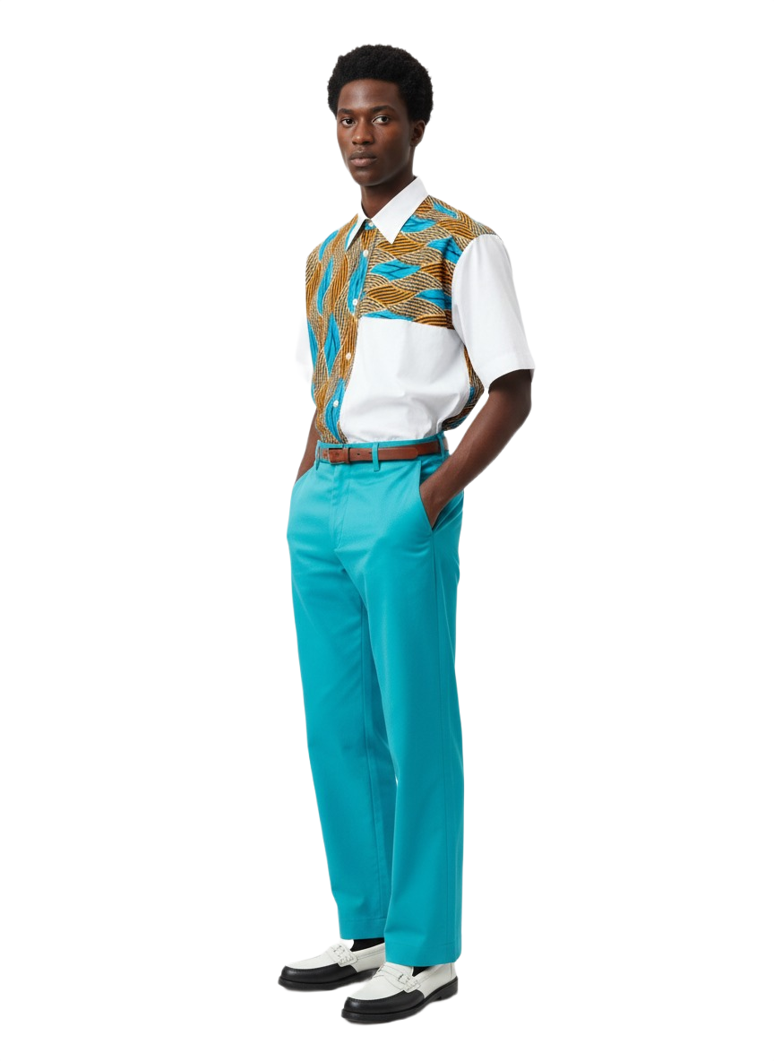 Quarter Combination Aqua Blue & White Ankara Short Sleeve Shirt