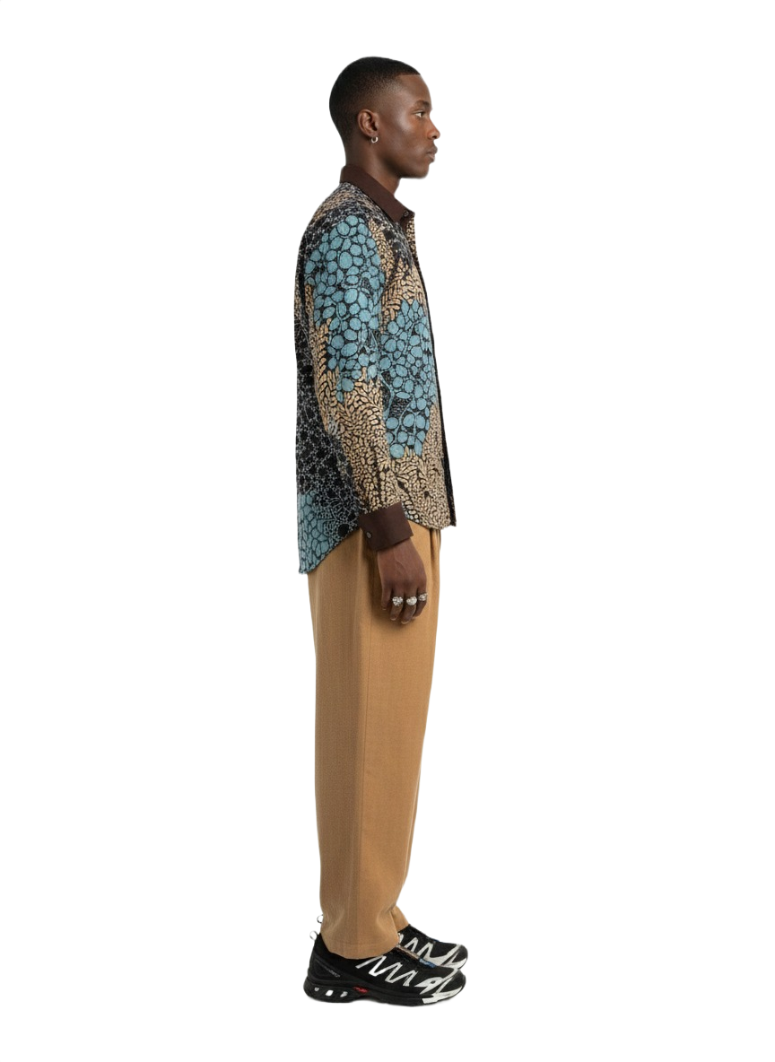Cuff Collared Botanical Wildroot Aqua Blue & Brown Design Ankara Shirt