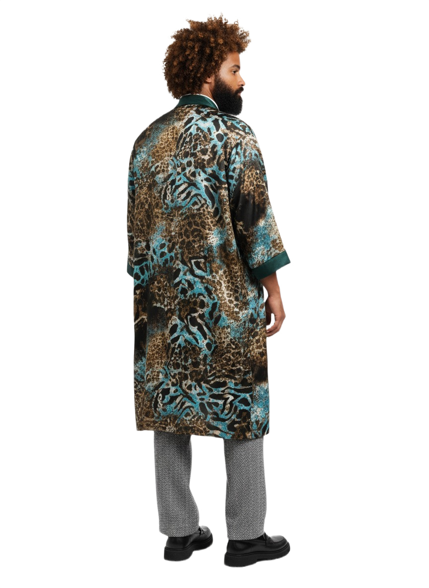 Ice Blue & Emerald Green Tiger Print Silk Kimono Jacket