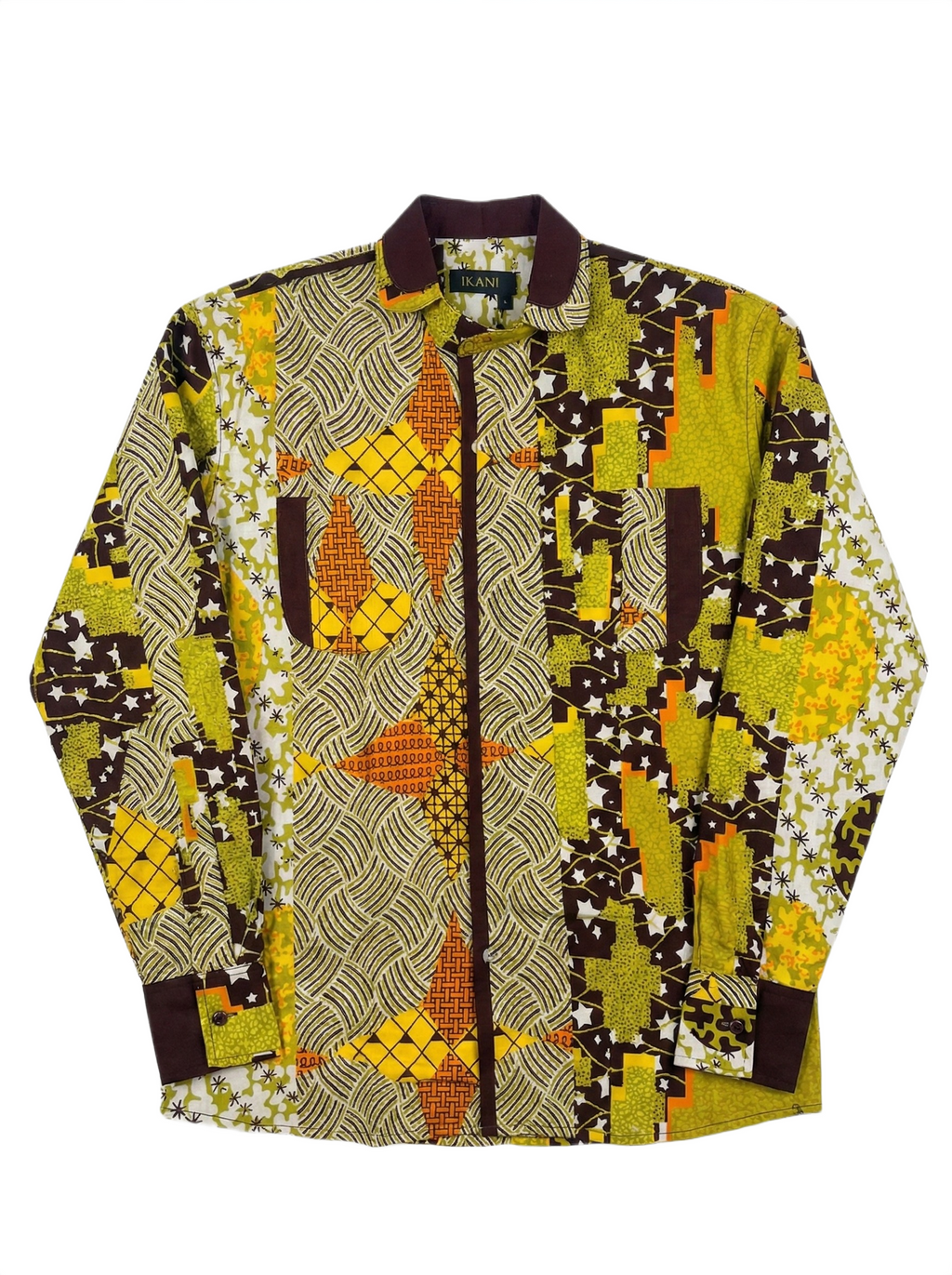 Double Curved Collar Yellow, Lime Green & Burgundy Abstract Ankara Shirt