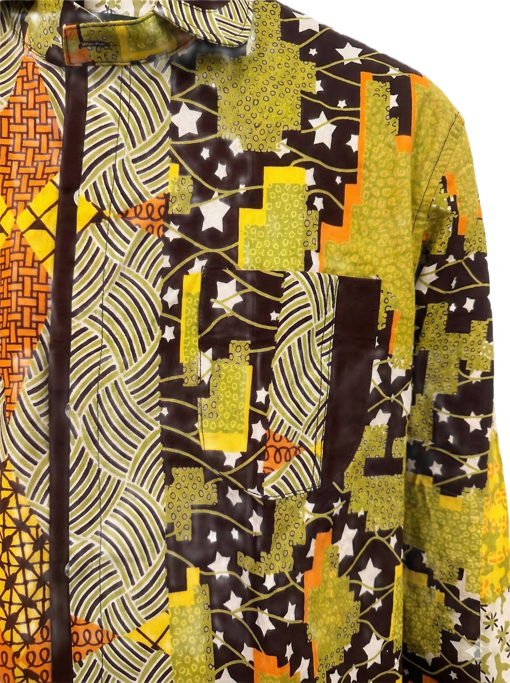 Double Curved Collar Yellow, Lime Green & Burgundy Abstract Ankara Shirt