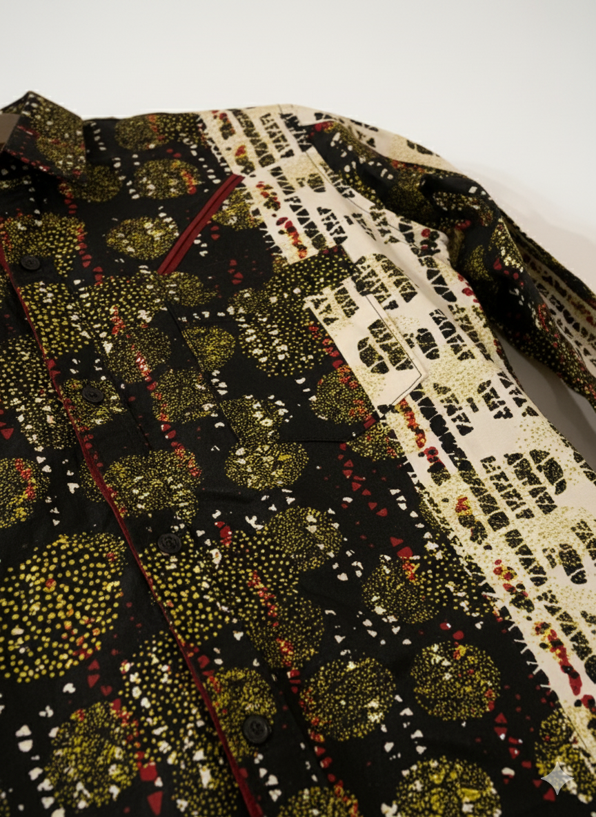 Red Slit Pocketed Black and White Minimalist Wax Print Shirt