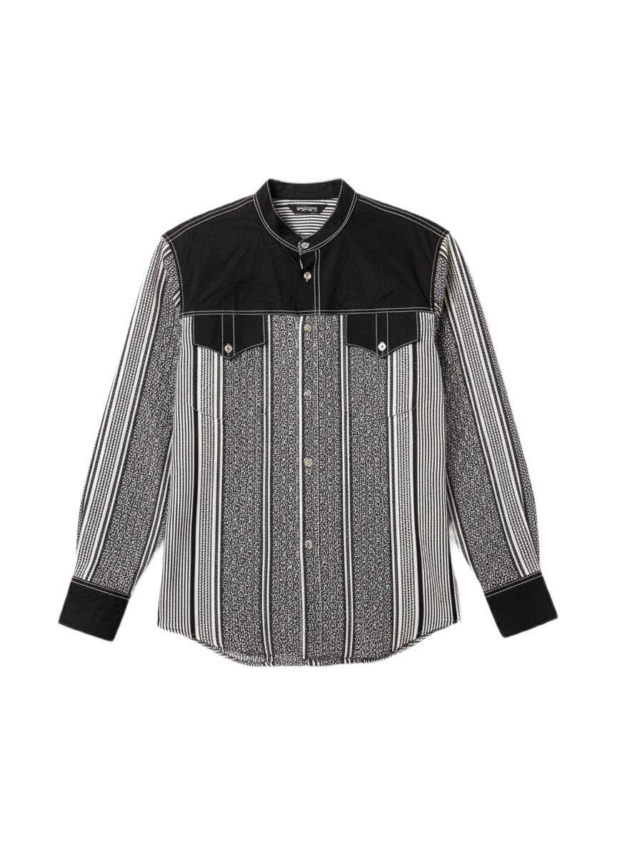 Mandarin Collar Black Panel & White Striped Ankara Shirt