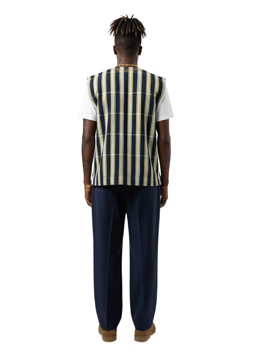 Navy, Off-White & Yellow Stripe Handwoven Batakari Fugu