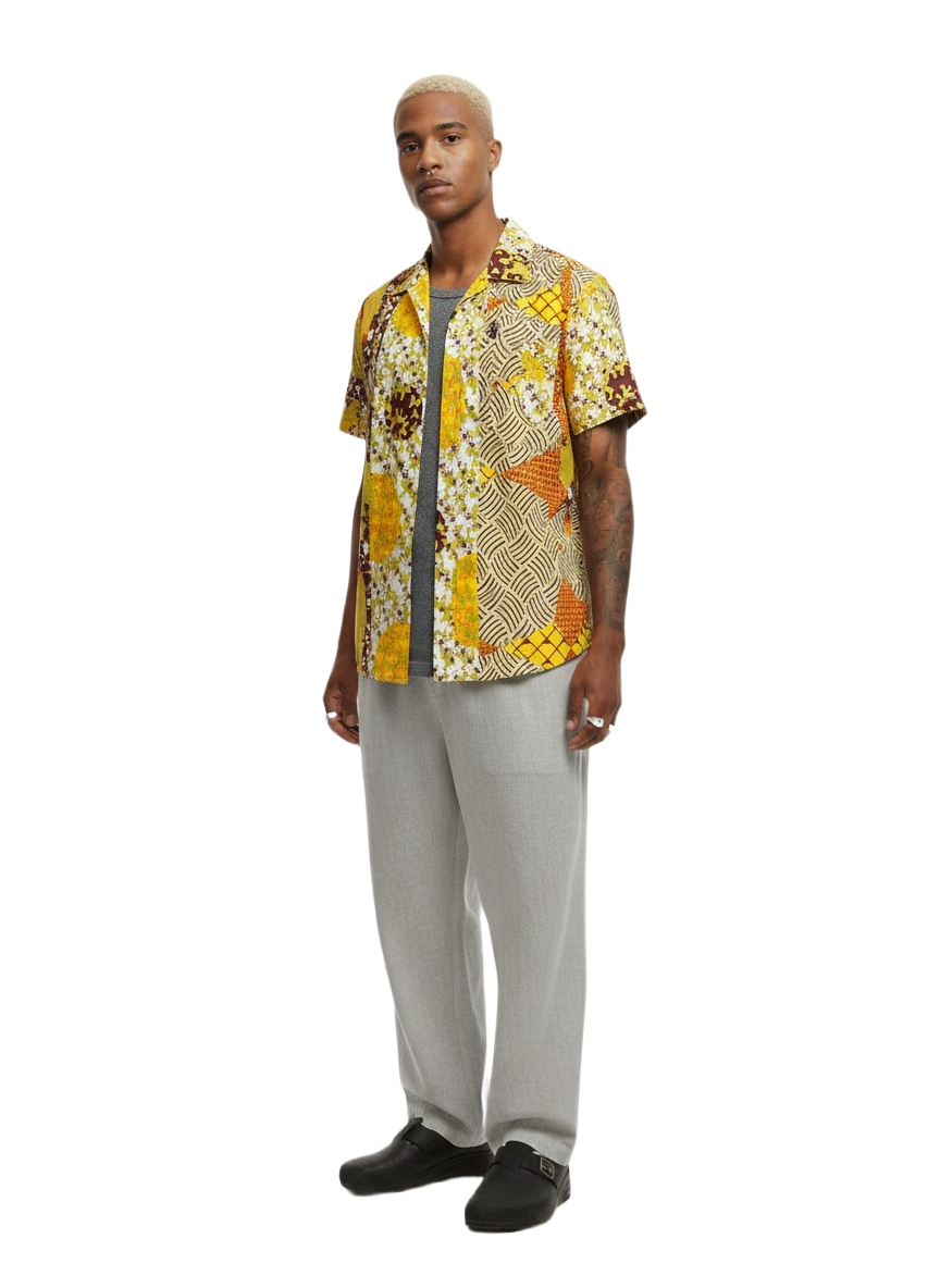 Yellow, Lime Green & Burgundy Abstract Design Ankara Shirt