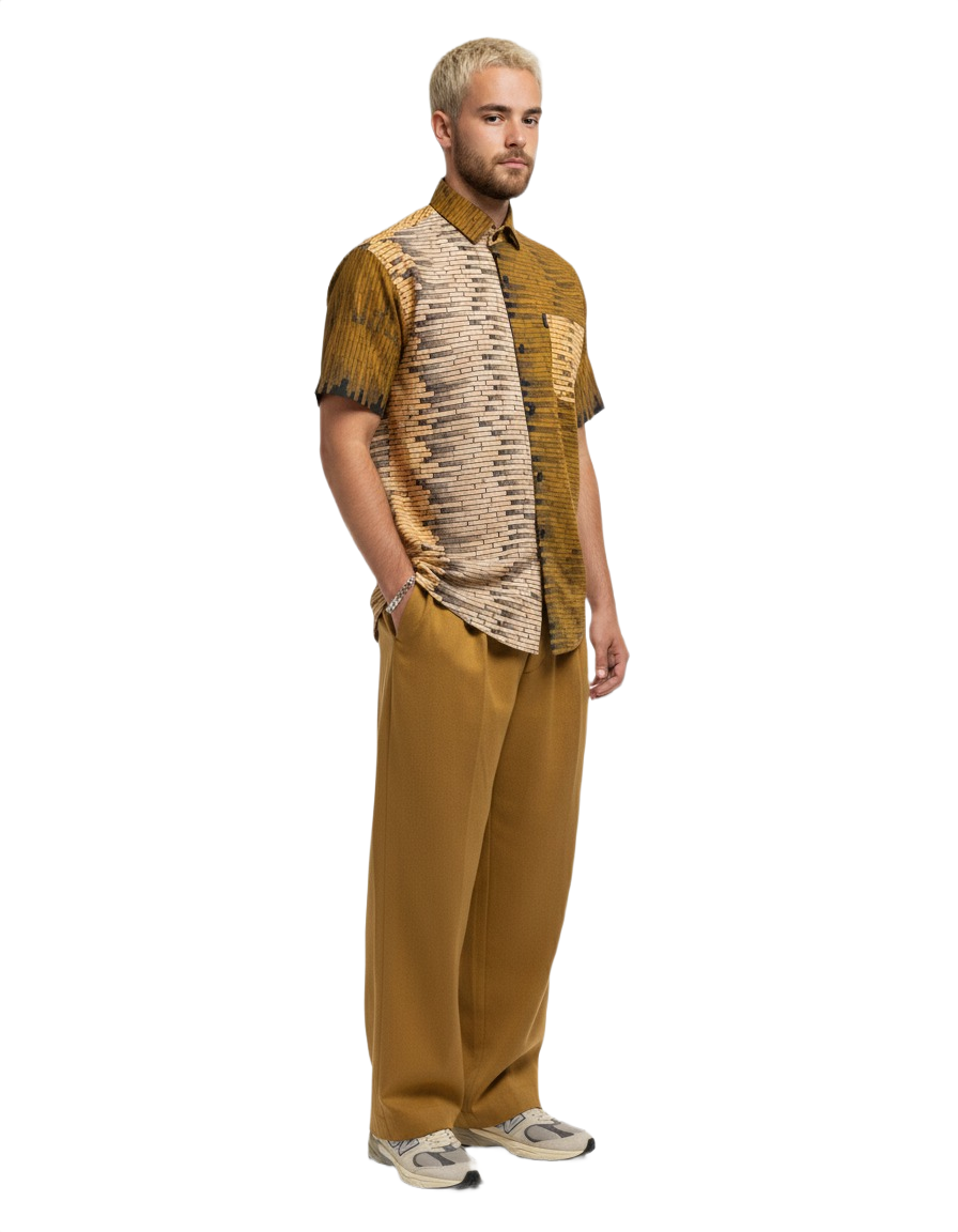 Brickwork Mustard  Yellow & Peach Ankara Wax Short Sleeve Shirt