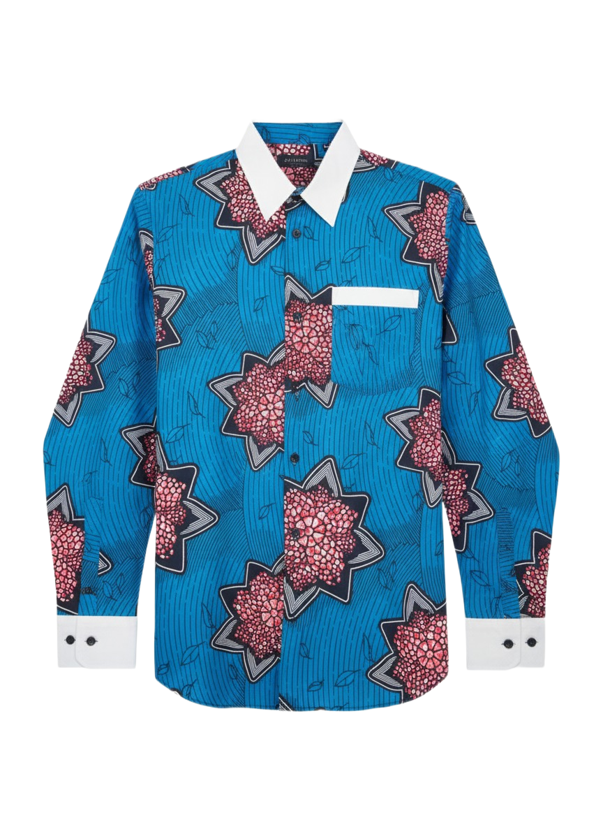 Floral Ocean Blue & Flamingo Pink Cuffed Wax Print Shirt