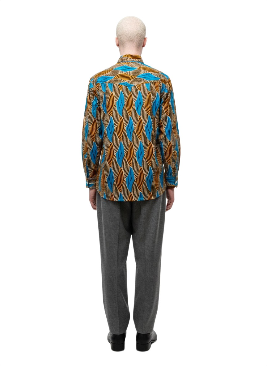 Waves Pattern White Panels, Honeycomb & Teal Ankara Long Sleeved Shirt