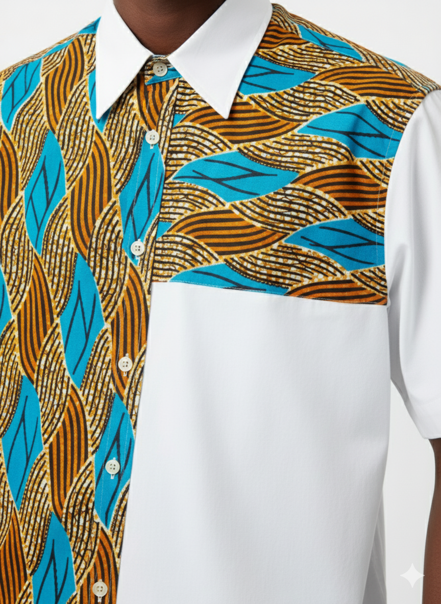 Quarter Combination Aqua Blue & White Ankara Short Sleeve Shirt