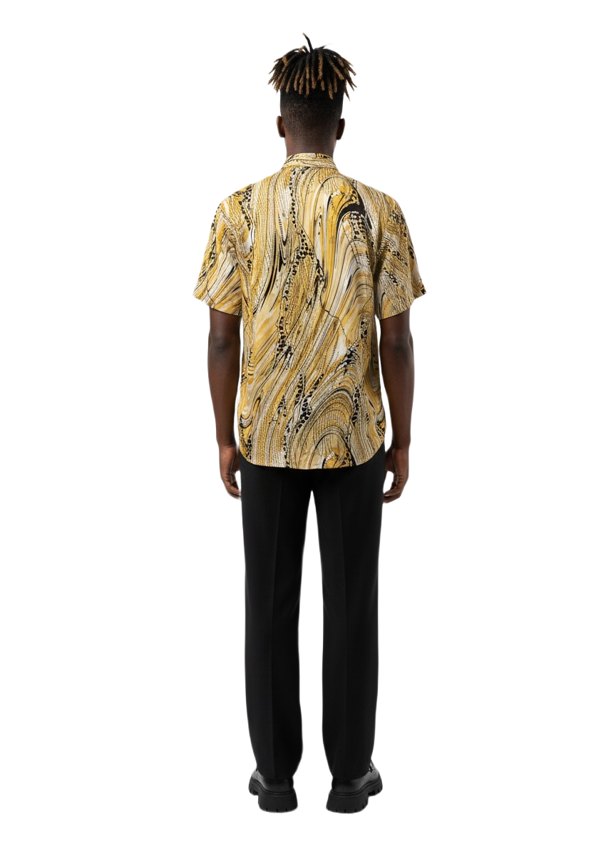 Marble Print Golden Caramel & Spotted Black  Silk Short Sleeve Smart Shirt