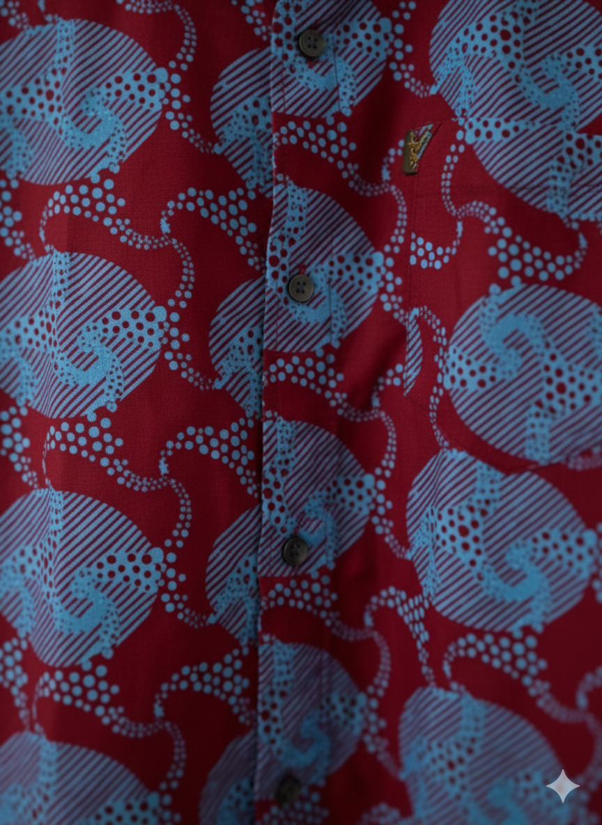 Circled Burgundy & Akoma Blue Ankara Print Short Sleeve Shirt