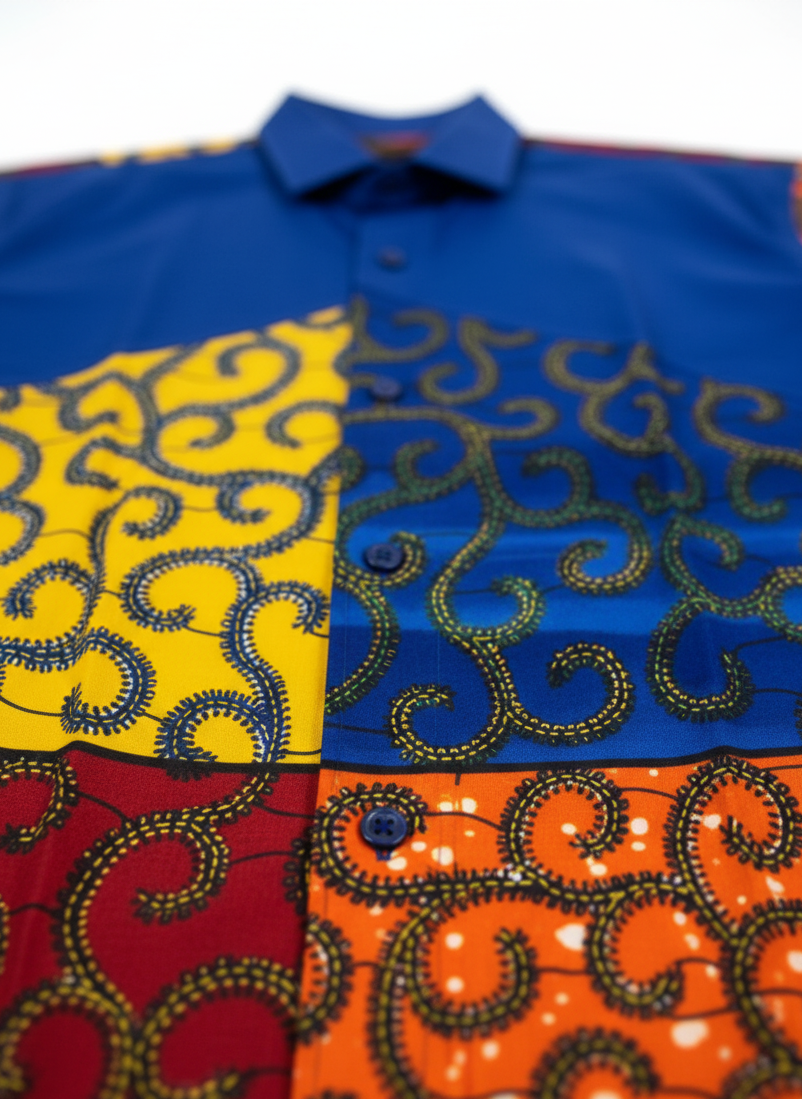 Panel Blue & Multi Patchwork Ankara Print Long Sleeve Shirt