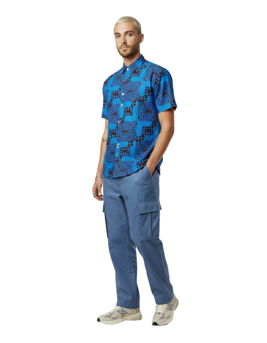 Sankofa Blue & Burgundy Ankara Wax Print Short Sleeve Shirt