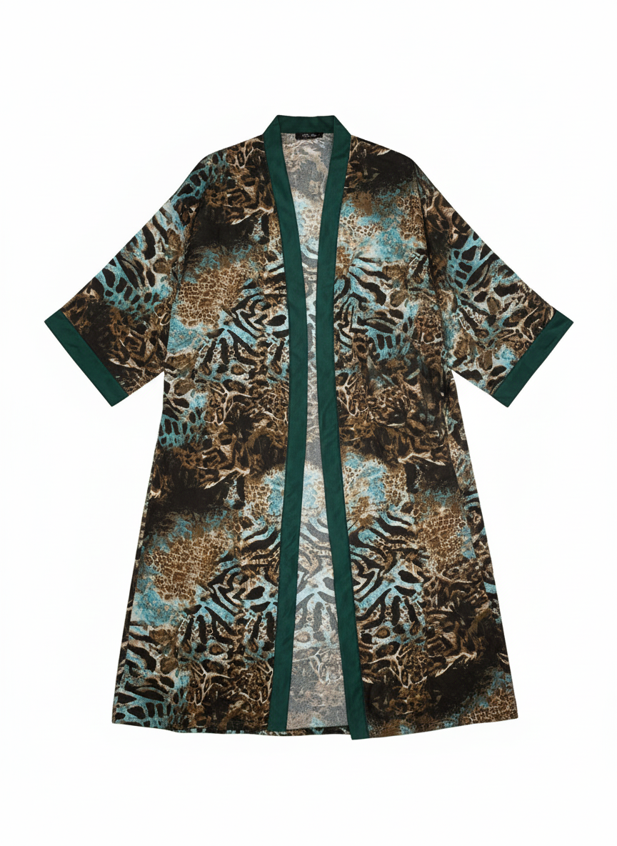 Ice Blue & Emerald Green Tiger Print Silk Kimono Jacket
