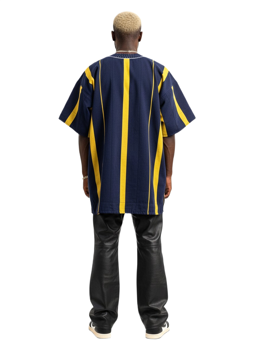 Navy Blue & Yellow Striped Handwoven Short Sleeve Batakari Fugu