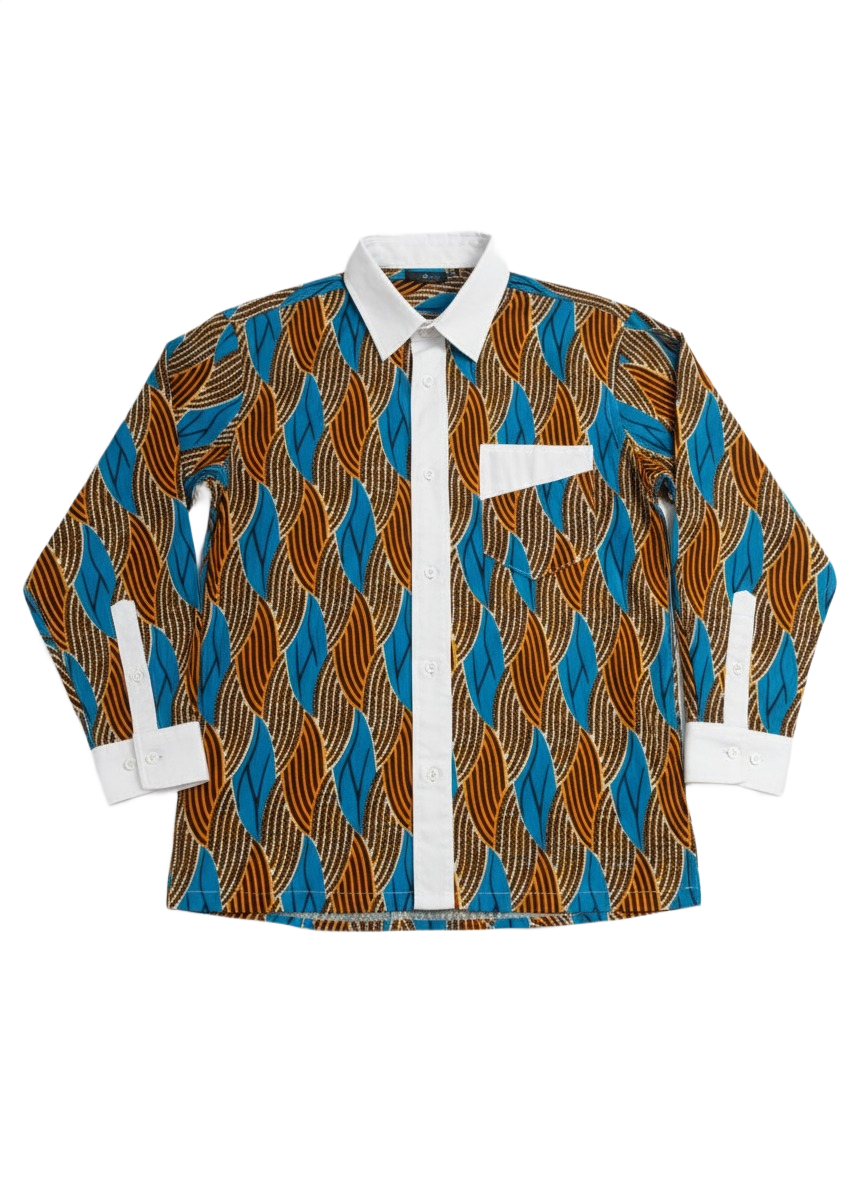 Waves Pattern White Panels, Honeycomb & Teal Ankara Long Sleeved Shirt