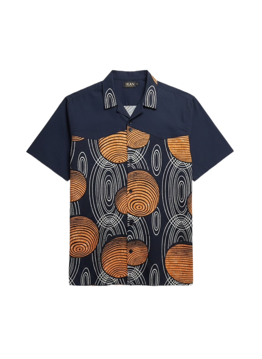 Combination Mars Orange, Navy & White Sphere Design Ankara Short Shirt